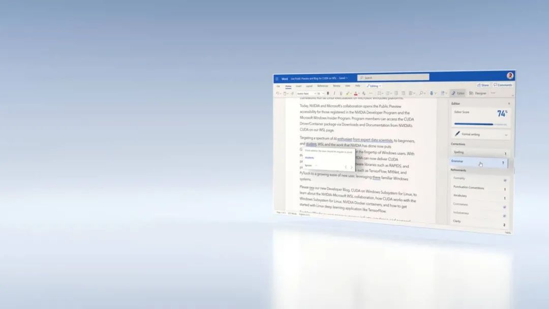 GTC20 | Azure机器学习采用NVIDIA AI为Word编辑器提供语法建议